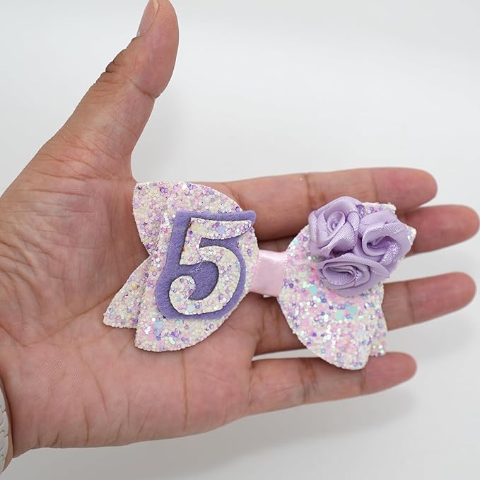 Birthday Hair Bow for Baby Girls 1 2 3 4 5 6 Years Sprinkle Decorations Party Hair Accessories for Five 5th Birthday Purple Rose