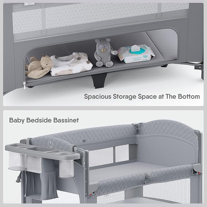 4 in 1 Baby Bassinet, Pack and Play, Bedside Crib Sleeper, Diaper Changer - Comes with Mattress, Mosquito Net，Bottom Storage and Toy Bar for Newborn to Toddles