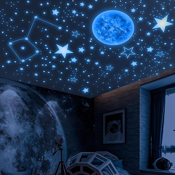 965 PCS Glow in The Dark Stars and Sun for Ceiling, Luminous Stars and Planet Wall Decals, Kids Room Decor, Glowing Galaxy Wall Stickers for Nursery Decorations (Blue)