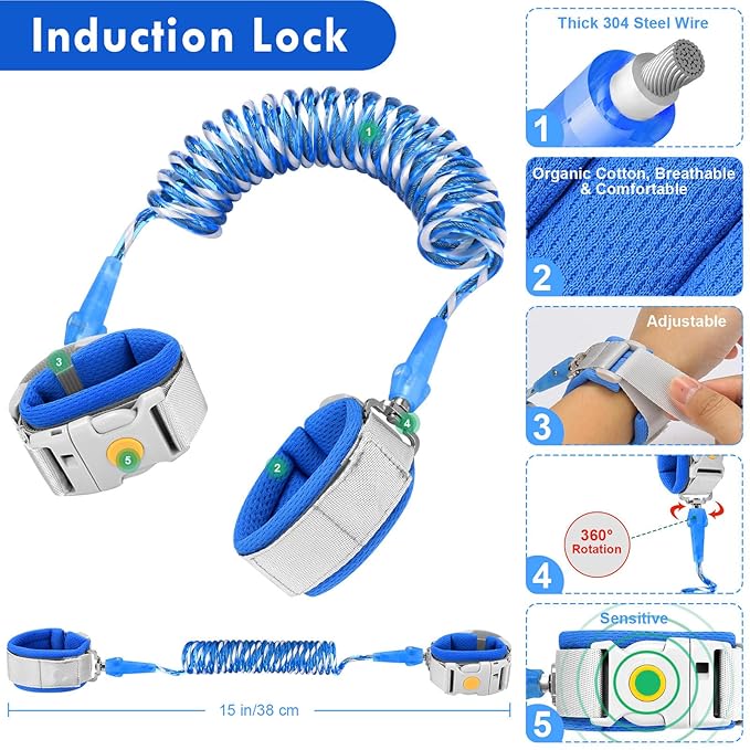 Accmor Anti Lost Wrist Link with Induction Lock, 2 Packs Upgraded Toddler Leash, Reflective Kids Wrist Leash for Baby, Magnetic Unlock Child Walking Wristband Leash for Boys Girls (Rose + Dark Blue)