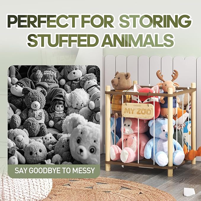 Stuffed Animal Storage, Two-Tone Wood Toy Storage, Space Save Zoo Toy Organizer, Large Capacity Stuffed Animal Holder for Toddler, WJJ-DC (Small)