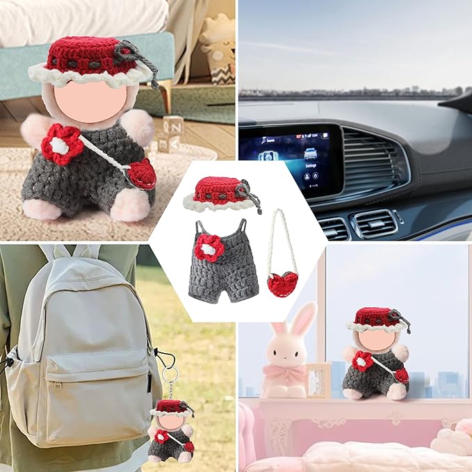 17cm Doll Clothes - Purely Handmade Crochet Hat & Overalls & Heart-Shaped Bag, Handcrafted Outfits for 15-17cm Doll Accessories (NO Doll)