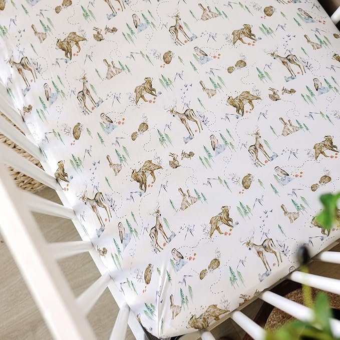 Crib Sheets Neutral - Fitted Baby Crib Sheets Bed for Girl Boy - 2 Pack Standard & Toddler Mattress - Buttery Soft Organic Cotton Blend (Magic Forest)