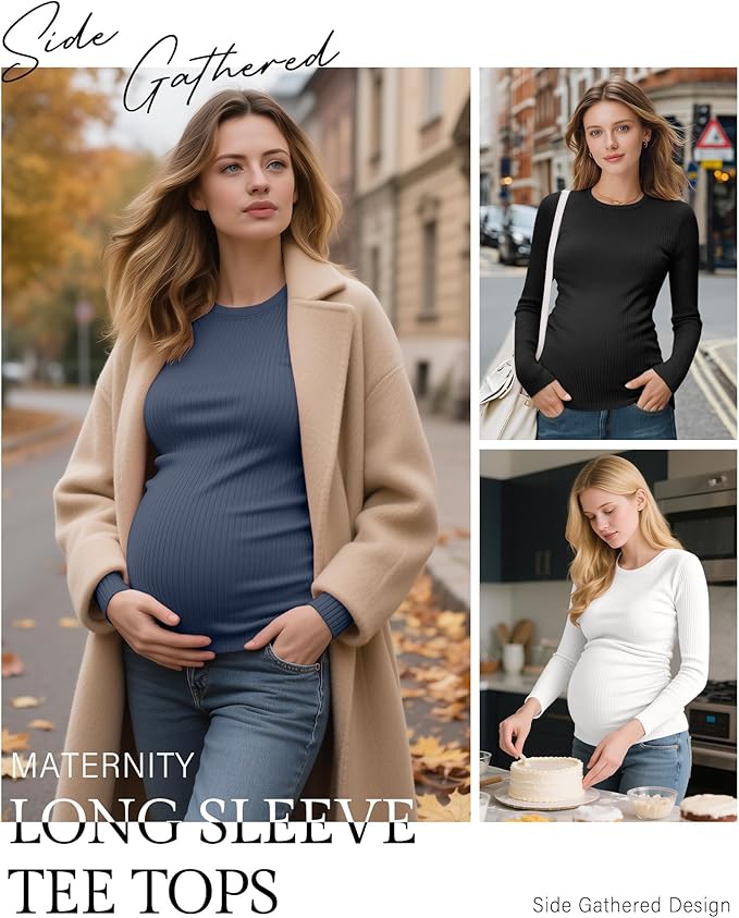 Ficerd 4 Pack Women's Maternity Shirts Cotton Long Sleeve Ribbed Crew Neck Pregnancy Tops Side Ruched Casual Mama Clothes