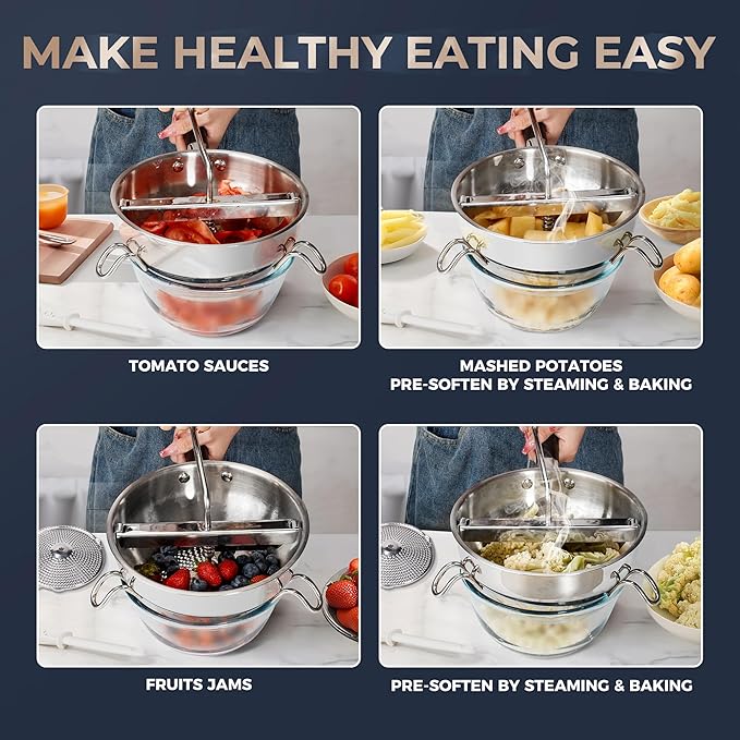 Stainless Steel Food Mill With 3 Milling Discs,Ergonomic design Rotary hand crank Food Mills For Tomato Sauce,Potatoes,Jams,canning, Dishwasher Safe,Includes Multifunctional Spoon,Blue D