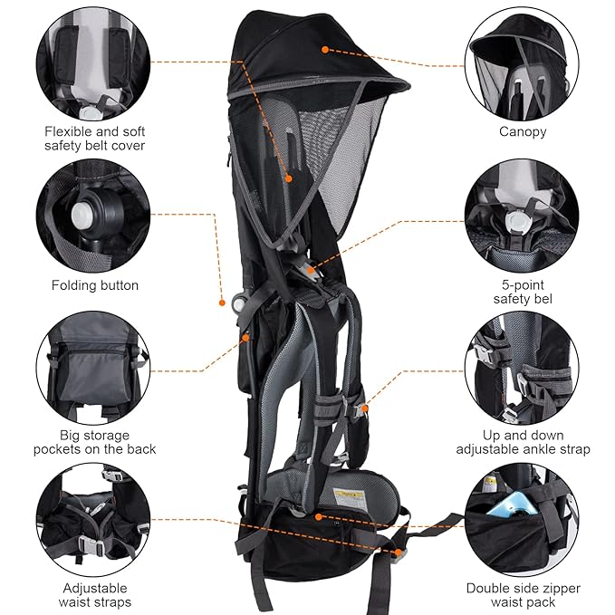 Baby Shoulder Carrier Baby Hiking Backpack Carrier with Rain Cover Sun Shade for Child Safe Backrest and Toddler Ergonomic Seat Holds 40 Pound for Children Between 6 Months-3 Years Old Babies