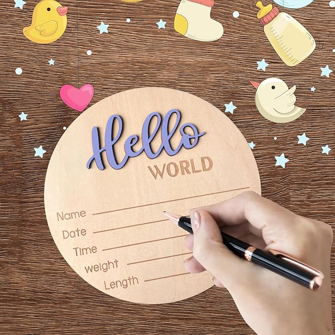 Baby Announcement Sign, 5.9 Inch Wooden Hello World Newborn Signs, Birth Announcement Sign, Baby Shower Hospital Nursery for Newborn Boys and Girls (Cashmere Blue)