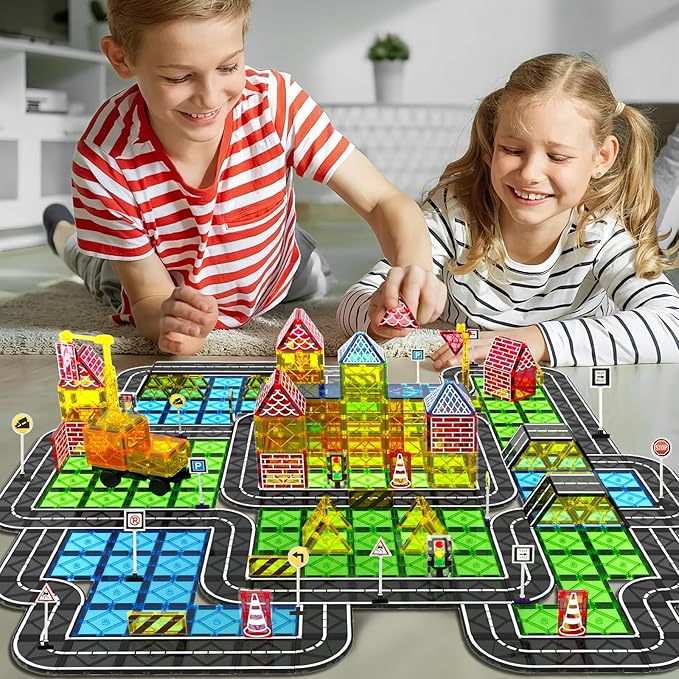 Magnetic Tiles Road Set Kids Toys, Magnetic City Construction Toys with Magnet Crane for 3+ Year Old Boys Girls, STEM Magnet Blocks Building for Kids Ages 3-5 4-8