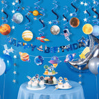 Pre-strung Birthday Party Decorations Outer Space themed Set, with 2 Banners, 10 Solar System Planet Swirl Streamers, Hanging Dazzling Star Garlands for Kids Teens Party Decoration Gifts