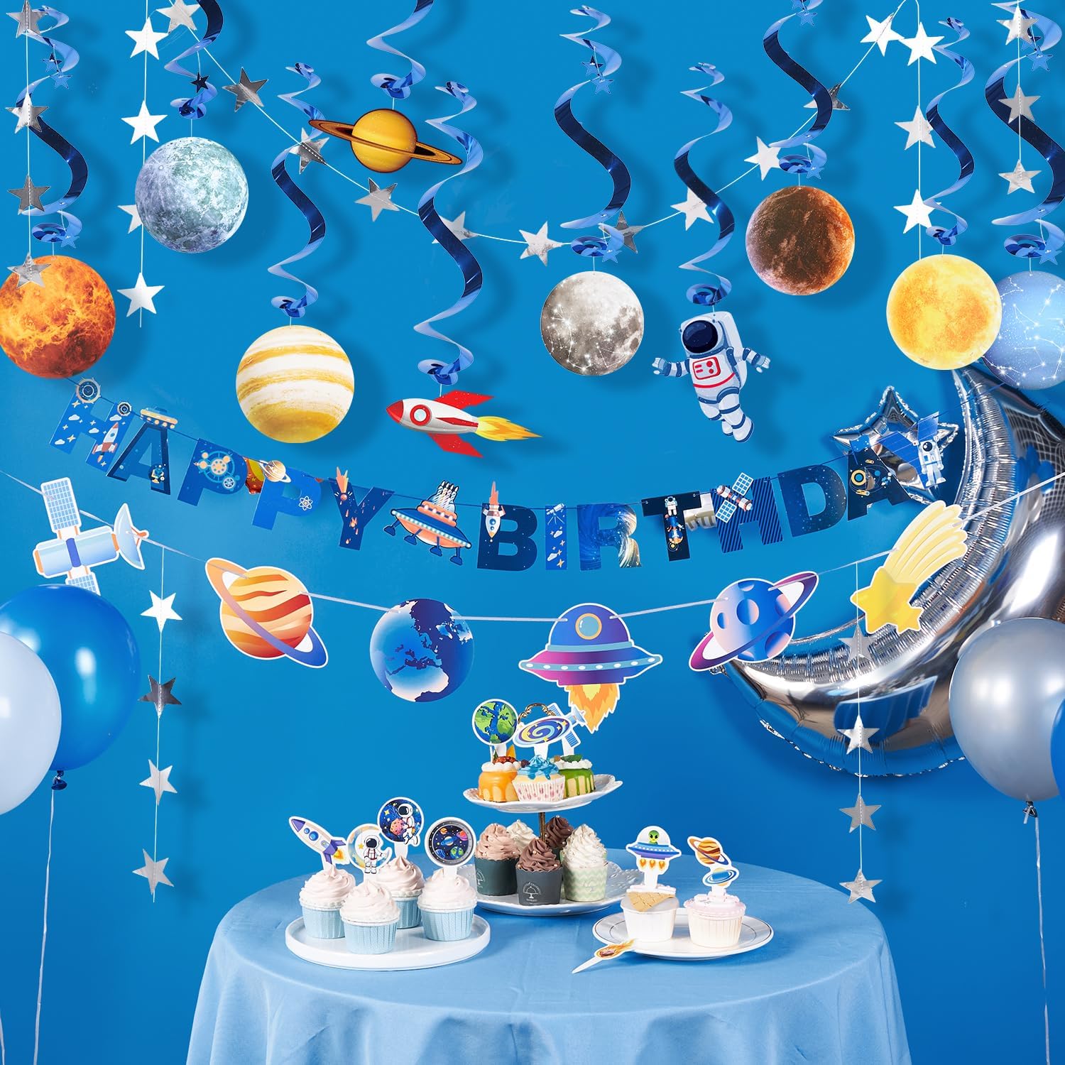 Pre-strung Birthday Party Decorations Outer Space themed Set, with 2 Banners, 10 Solar System Planet Swirl Streamers, Hanging Dazzling Star Garlands for Kids Teens Party Decoration Gifts