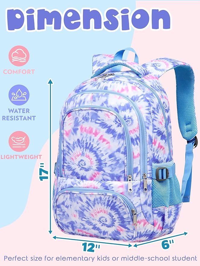 BLUEFAIRY Kids Backpack for Girls Elementary Primary Middle School Bags for Aged 8-10 for Teens Childs Bookbags Back to School Book Bags Cute Mochilas para Niñas Tie-dye Violet