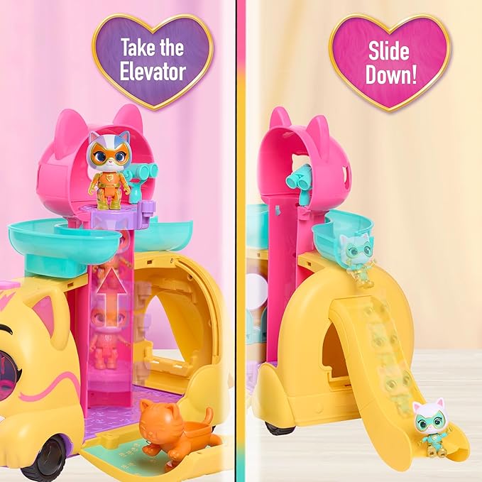 Disney Junior SuperKitties Purr ‘N’ Go Lights and Sounds Playset, 10 Pieces, Articulated Figures
