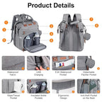 Baby Diaper Bag, Backpack with Changing Table, Unisex Baby Bag, with Diaper Pad, USB Charging Port, Insulated Pacifier Case, Multifunctional Waterproof Travel Diaper Bag, Gift for Newborn Baby (Grey)