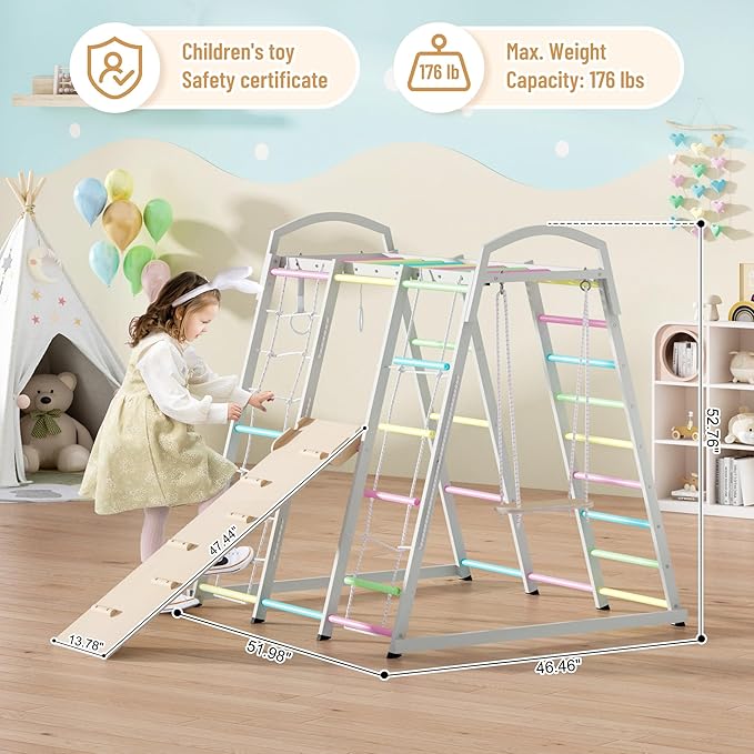 JAXPETY 9-in-1 Indoor Playground, Indoor Jungle Gym for Kids, Toddler Montessori Climbing Gym, Inside Play Gym with Slide, Swing, Monkey Bar, Ladder, Rings