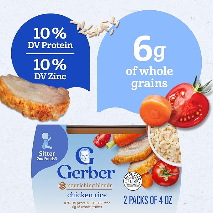 Gerber Baby Food 2nd Foods, Dinner, Chicken & Rice Puree, 4 Ounce Tubs, 2 Count (Pack of 8)