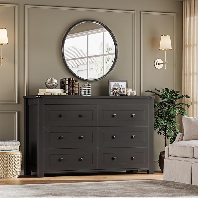 6-Drawer Dresser, Modern Wooden Storage Chest of Drawers, Dresser TV Stand, Wood Drawer Organizer with Metal Handles for Bedroom, Living Room, Hallway