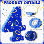 Number 4 Blue and Golden Rings Piñata for Kids Birthday Cartoon Theme Small Piñata with Blindfold Stick Confetti for Fiesta Cinco De Mayo Party Decor, 15.8 x 11 x 2.8 Inch