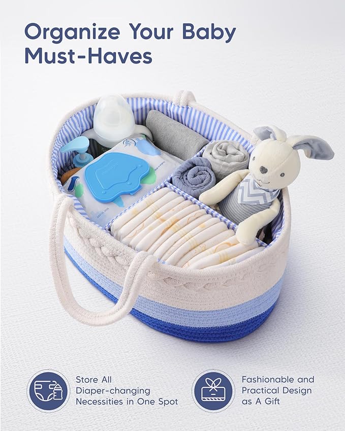 Maliton Baby Diaper Caddy Organizer, Cotton Rope Diaper Caddy Basket, Large Storage Basket for Newborn Boys and Girls, Gift for Baby Shower List, Newborn Essentials