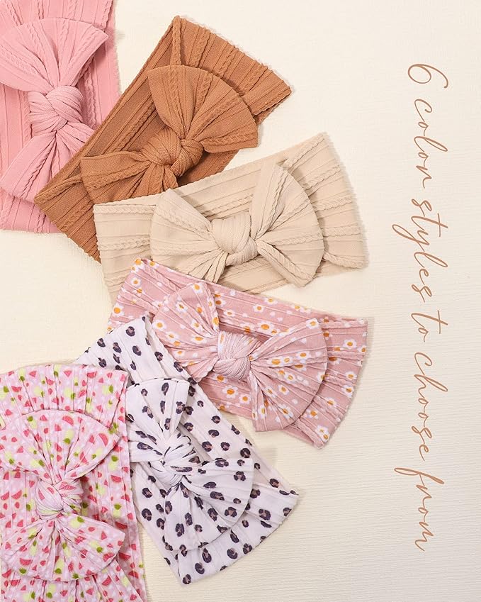 jollybows 6pcs Baby Nylon Headbands Hair Bow Elastics Hairbands Hair Accessories for Baby Girls Newborn Infant Toddlers Kids (Upgrade patterns colors)