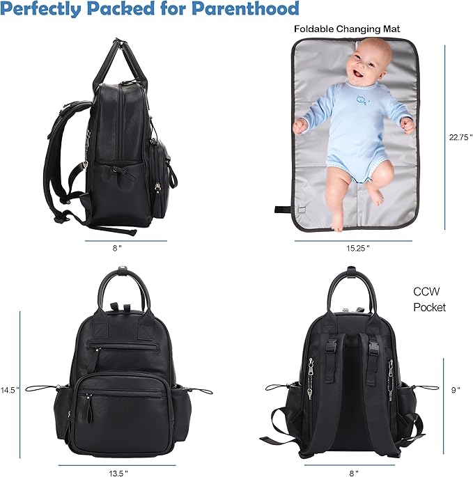 JESSIE & JAMES Saturday EDC Diaper Bag Backpack Multi Function Diaper Bag with Changing Pad & Stroller Straps_Black