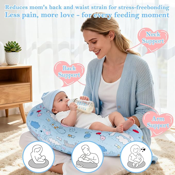 Nursing Pillow for Breastfeeding & Bottle Feeding - Ergonomic C-Shape Design with Breathable Filling & Removable Washable Cover, Supports 0-18 Months (Feeding, Tummy Time, Sitting), Hypoallergenic