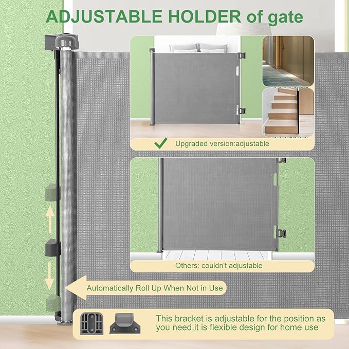 Retractable Baby Gate, Extra Wide Safety Kids or Pets Gate, 33” Tall, Extends to 55” Wide, Mesh Safety Dog Gate for Stairs, Indoor, Outdoor, Doorways, Hallways(33”x55”- Grey)