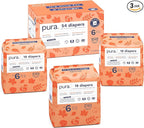 Pura Size 6 Eco-Friendly Diapers (29+ lbs) Hypoallergenic, Soft Organic Cotton, Sustainable, up to 12 Hours Leak Protection, Allergy UK, Recyclable Paper Packaging, 18 Count (Pack of 3) (54 Diapers)