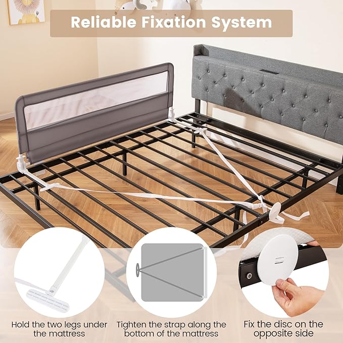 HONEY JOY Bed Rail for Toddlers, 59-in Extra Long, Portable Safety Bed Guardrail w/Double Safety Child Lock, Foldable Baby Bed Rail Guard, Fit King & Queen Full Twin Size Bed Mattress (2 Pack, Gray)