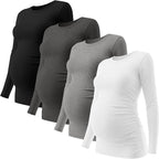Ficerd 4 Pack Women's Maternity Shirts Cotton Long Sleeve Ribbed Crew Neck Pregnancy Tops Side Ruched Casual Mama Clothes
