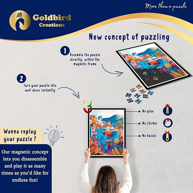 Magnetic Wooden Puzzles with Frame for Adults - Framed Wooden Jigsaw Puzzle - Rompe Cabezas para Adultos - Landscape Wall Art Decor - Original Christmas & Birthday Gift (Chefchaouen)