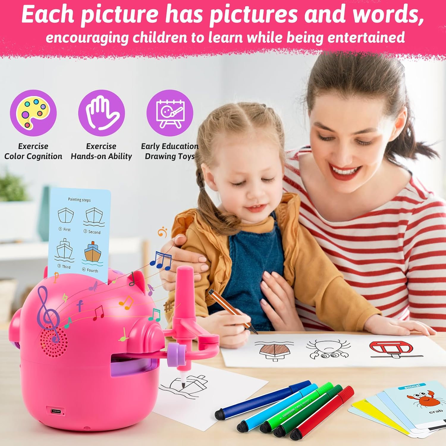 Drawing Robot for Kids, Interactive Educational Drawing Robot, Magic Painting Robot Toy with 100 Word Cards & 16 Color Pens for Girls and Boys Age 3+ (Pink)