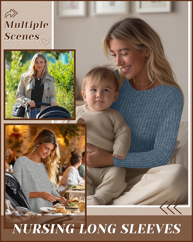 3 Pack Women's Nursing Long Sleeve Tops Breastfeeding Thermal Sweaters with Hidden Zipper Maternity Ribbed Shirts