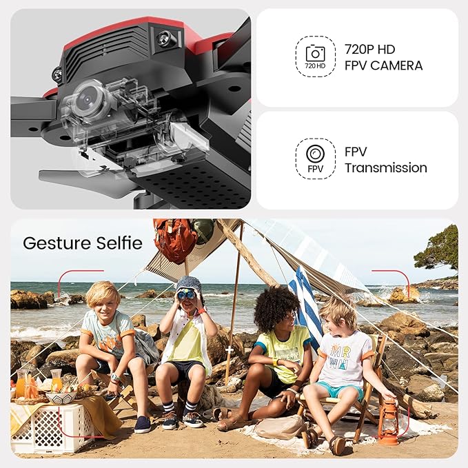 DEERC D20 Mini Drone for Kids with 720P HD FPV Camera Remote Control Toys Gifts for Boys Girls with Altitude Hold, Headless Mode, One Key Start Speed Adjustment, 3D Flips 2 Batteries, Red