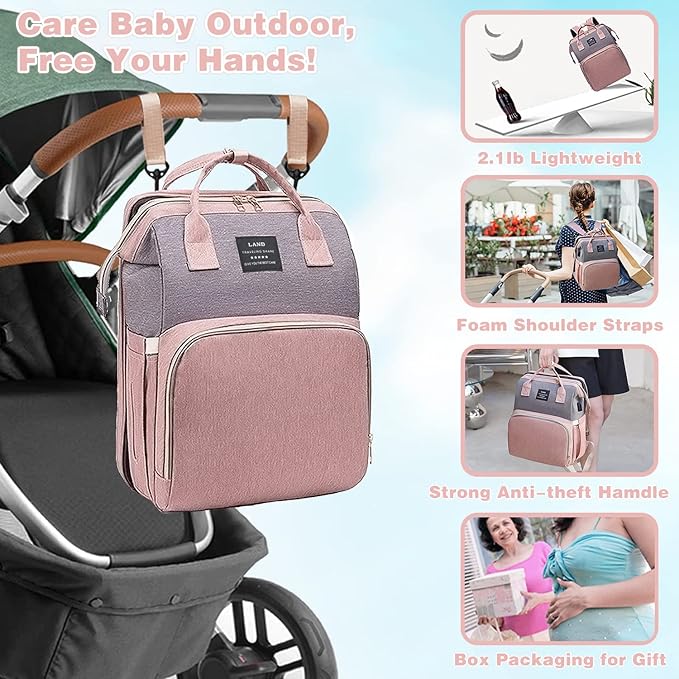 Diaper Bag with Changing Station,Diaper Bag Backpack，7 in 1 Travel Baby Diaper Bag,Mommy Bag With USB Charging Port (Pink-Grey)