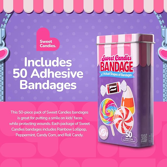 BioSwiss Bandages, Sweet Candies Shaped Self Adhesive Bandage, Latex Free Sterile Wound Care, Fun First Aid Kit Supplies for Kids and Adults, 50 Count