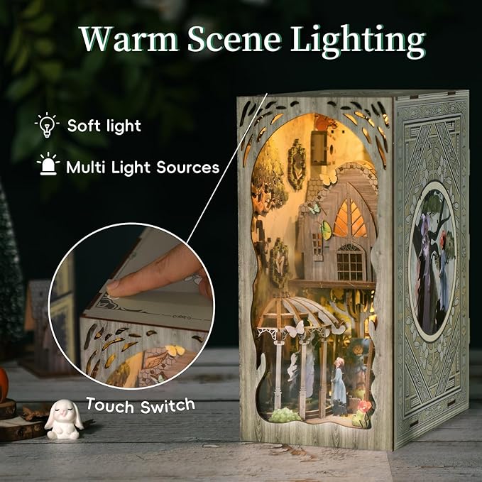 DIY Book Nook Kit, DIY Miniature Dollhouse Booknook Kit, Wooden 3D Puzzle Bookend Bookshelf Insert Decor with LED Light for Teens and Adults (Dorothy's Journey)