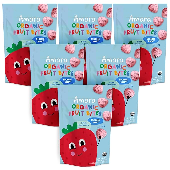 Amara Organic Fruit Bites Sweet Strawberry - No Added Sugar, Dairy-Free, Nut-Free Organic Fruit Snacks, Made with Organic Whole Foods, Allergy-Friendly Healthy Fruit Snacks for Kids - 21g 6PK