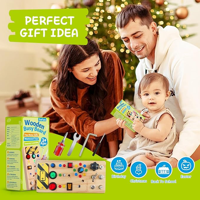 TenFans Montessori Busy Board with 8 LED Light Modes - Sensory Toys for 1-3 Year Olds & Airplane Travel, Wooden Activity Board Develops Fine Motor Skills