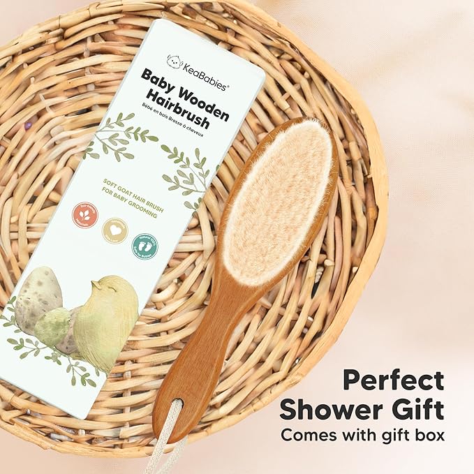 Wooden Baby Hair Brush - Cradle Cap Baby Brush with Soft Goat Bristles, Perfect Gentle Scalp Newborn Comb for Infant, Girls, Boys, Bath Essentials (Golden Oak, Oval)