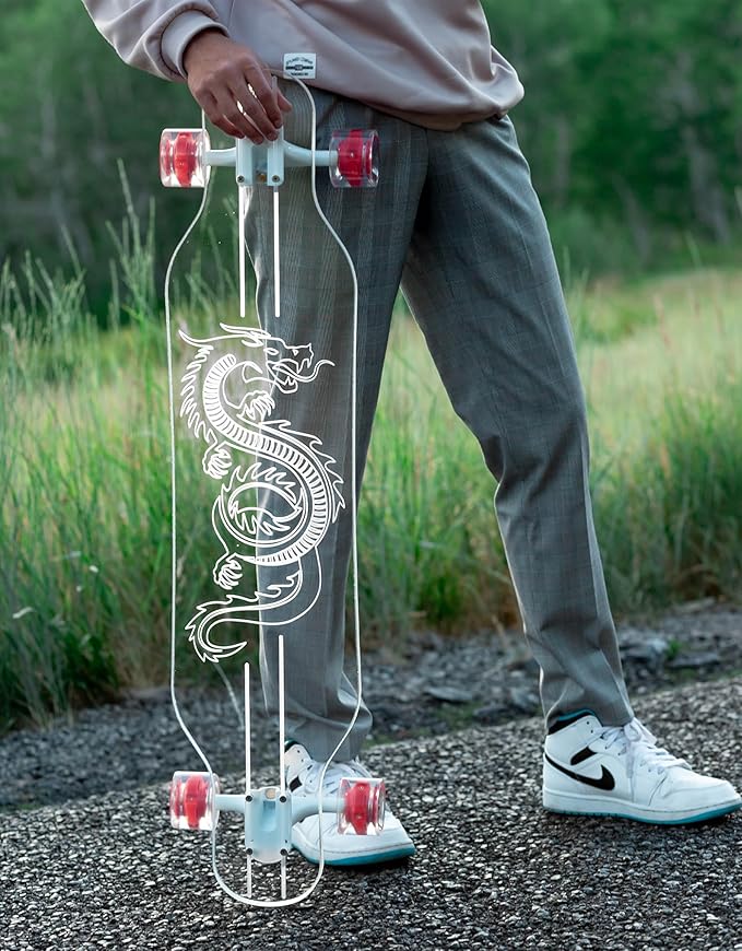 Clear Longboard Skateboard - Transparent Acrylic Long Boards with Light-Up LED Wheels for Smooth Rides - Ride The Streets in Style with Longboard Built for Beginners & Pros Alike