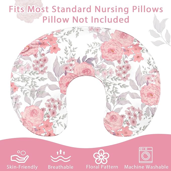 Nursing Pillow Cover, Breastfeeding Pillow Cover Stretchy Removable Feeding Pillowcase for Newborn, Ultra Soft and Comfortable Nursing Pillow Slipcover for Baby Girls Boys, Pink Floral