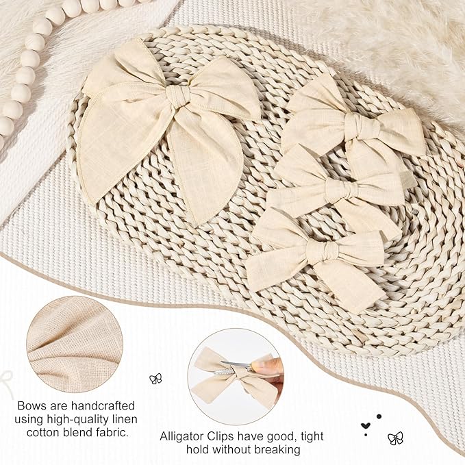 DEEKA 4 PCS Beige Cotton Linen Hair Bows 3 Styles 5" & 4" Handmade Hair Bow set for Toddler Girls Alligator Hair Clips Knot Bows Hair Accessories for Little School Girls (Beige)