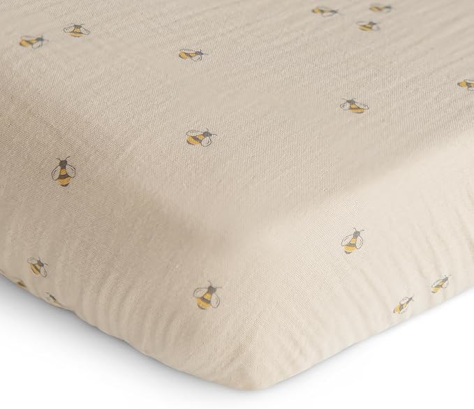 mushie Extra Soft Muslin Fitted Crib Sheet | 192 Thread Count | 28"x 52" (Bees)