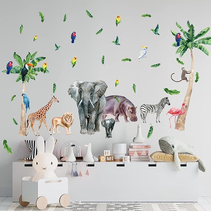 Safari Animal Wall Decals for Kids by Lipastick-Peel and Stick Jungle Stickers Giraffe, Elephant, Hippo, Palm Tree, Parrot for Toddlers Room, Nursery, Playroom, Classroom, Daycare Decor Art- M Size