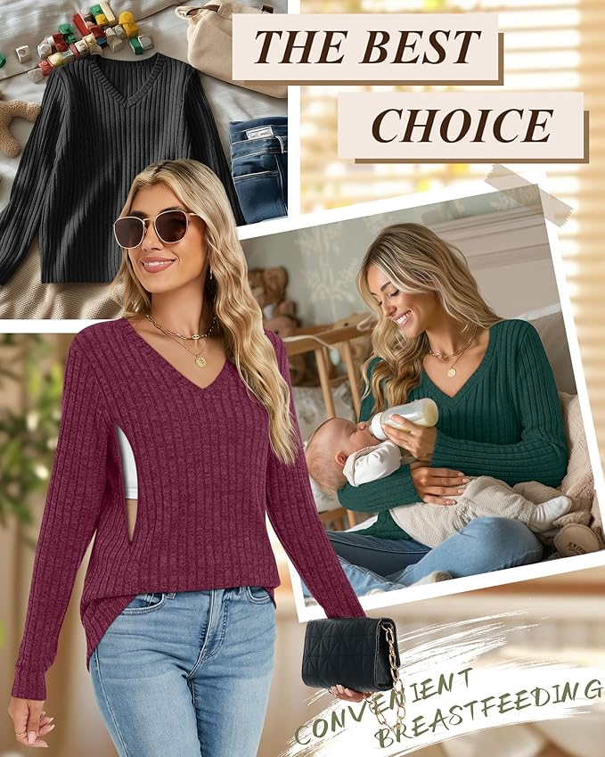 3 Pack Women's Maternity Nursing Tops, V Neck Breastfeeding Sweaters Long Sleeve Hidden Zipper Shirts