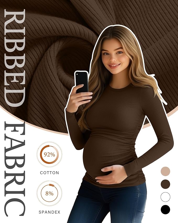 Ficerd 4 Pack Women's Maternity Shirts Cotton Long Sleeve Ribbed Crew Neck Pregnancy Tops Side Ruched Casual Mama Clothes