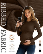 Ficerd 4 Pack Women's Maternity Shirts Cotton Long Sleeve Ribbed Crew Neck Pregnancy Tops Side Ruched Casual Mama Clothes