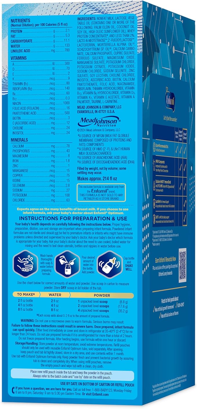 Enfamil Optimum (Enspire), Our Closest Formula to Breast Milk, Immune-Supporting Lactoferrin and Brain-Supporting DHA Baby Formula, Powder 30 Oz Refill, Pack of 4