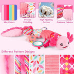 Baby Girls Toys 0-6 6-12 Months,Sensory Axolotl Caterpillar Toys Baby Rattles Musical Tummy Time Toys for 0 3 6 9 12 Months Stuffed Plush with Crinkle, Mirror,Teether for Infant Newborn Shower Gifts