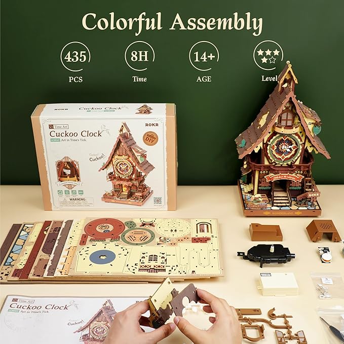 ROKR 3D Wooden Puzzles for Adults, Cuckoo Clock Model Kit, Room Home Decor DIY Watch Making Kit Functional Mechanical Building Toys, Hobbies Birthday Christmas Day Gifts for Men Women Kids 14+